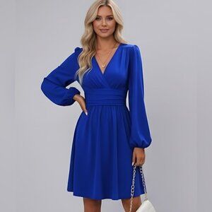 Lantern Sleeve Ruched Waist Dress Blue